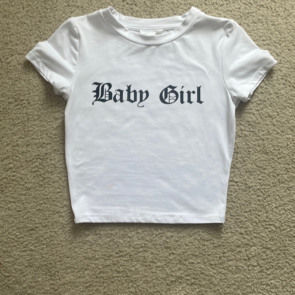 White crop top with black writing